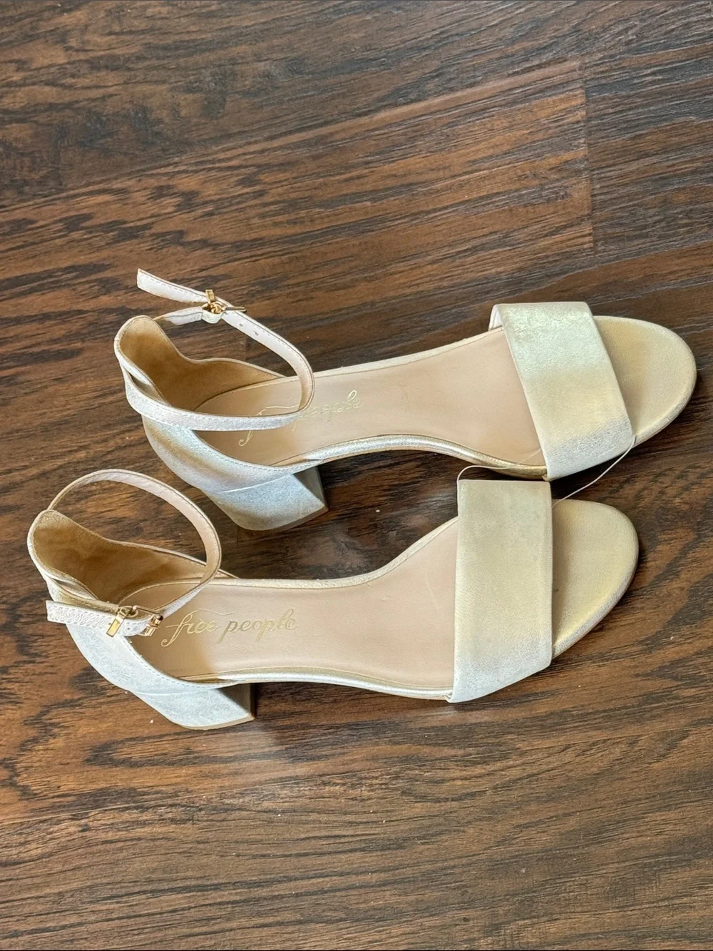 Free People Shimmery Metallic Marigold Open-Toe Ankle-Strap Block Heel Sandals
